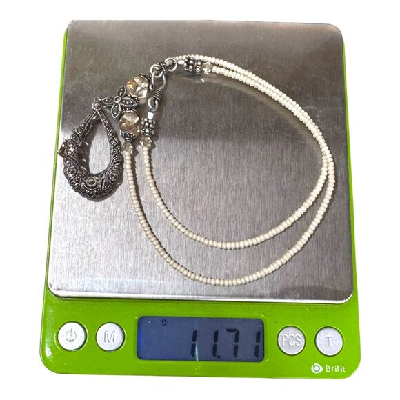 Vintage Sterling Silver Marcasite & Citrine Teardrop Pendant Necklace Gemsone 17 - Picture 7 of 8